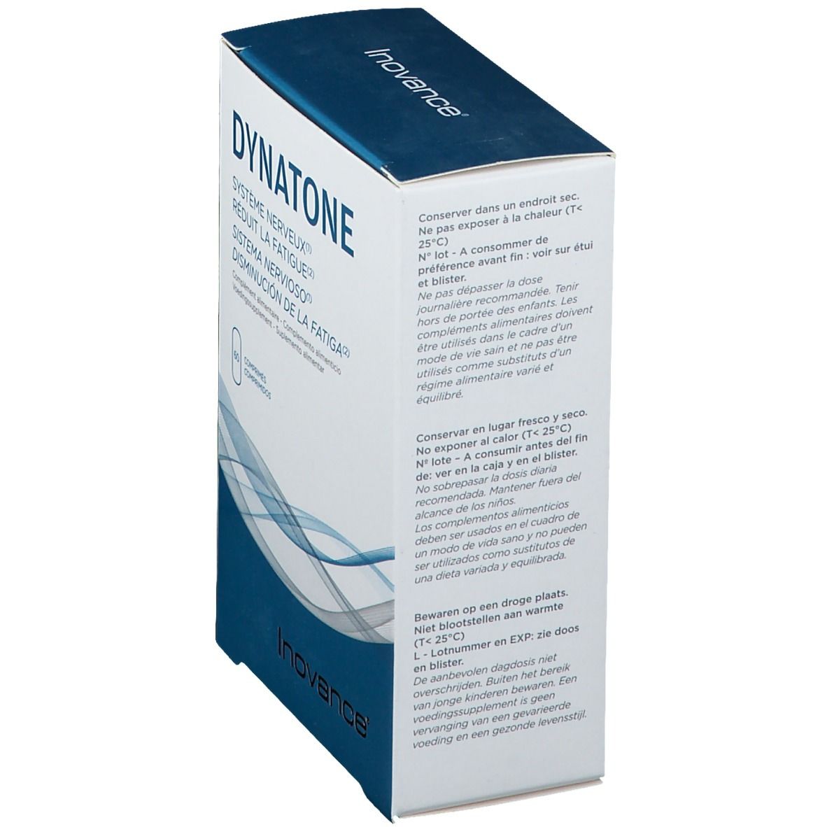 Inovance Dynatone verpakking, zijaanzicht. Tekst over bewaring, houdbaarheid en ingrediënten.