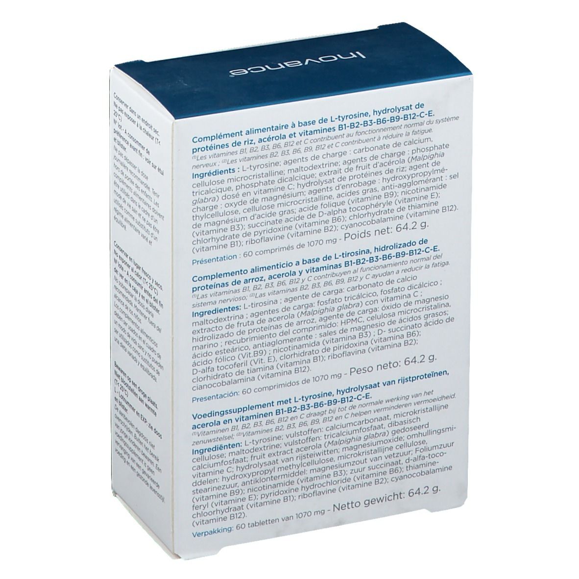 Inovance Dynatone verpakking, achterkant. Details van ingrediënten en voedingswaarde.