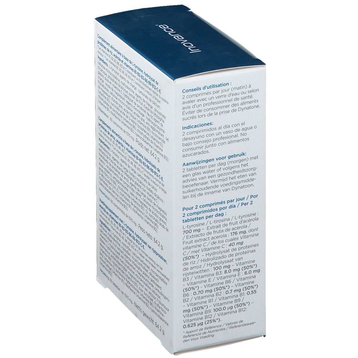 Inovance Dynatone verpakking, achterkant. Gebruiksaanwijzing, dosering en ingrediënten.