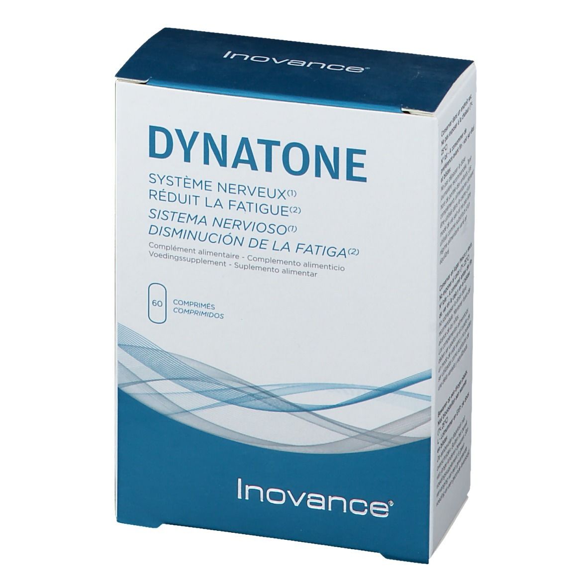 Inovance Dynatone verpakking. Bevat 60 tabletten. Opschrift: Système Nerveux, Réduit la Fatigue, Sistema Nervioso, Disminución de la Fatiga.