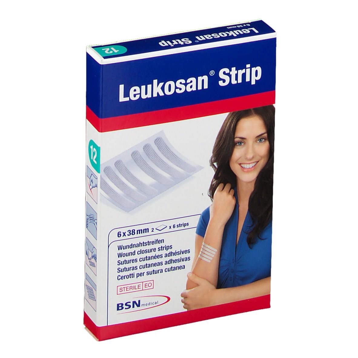 Boîte de Leukosan Strip. Contient 12 bandes, 6x38mm. Femme avec pansements sur le bras. BSN medical.