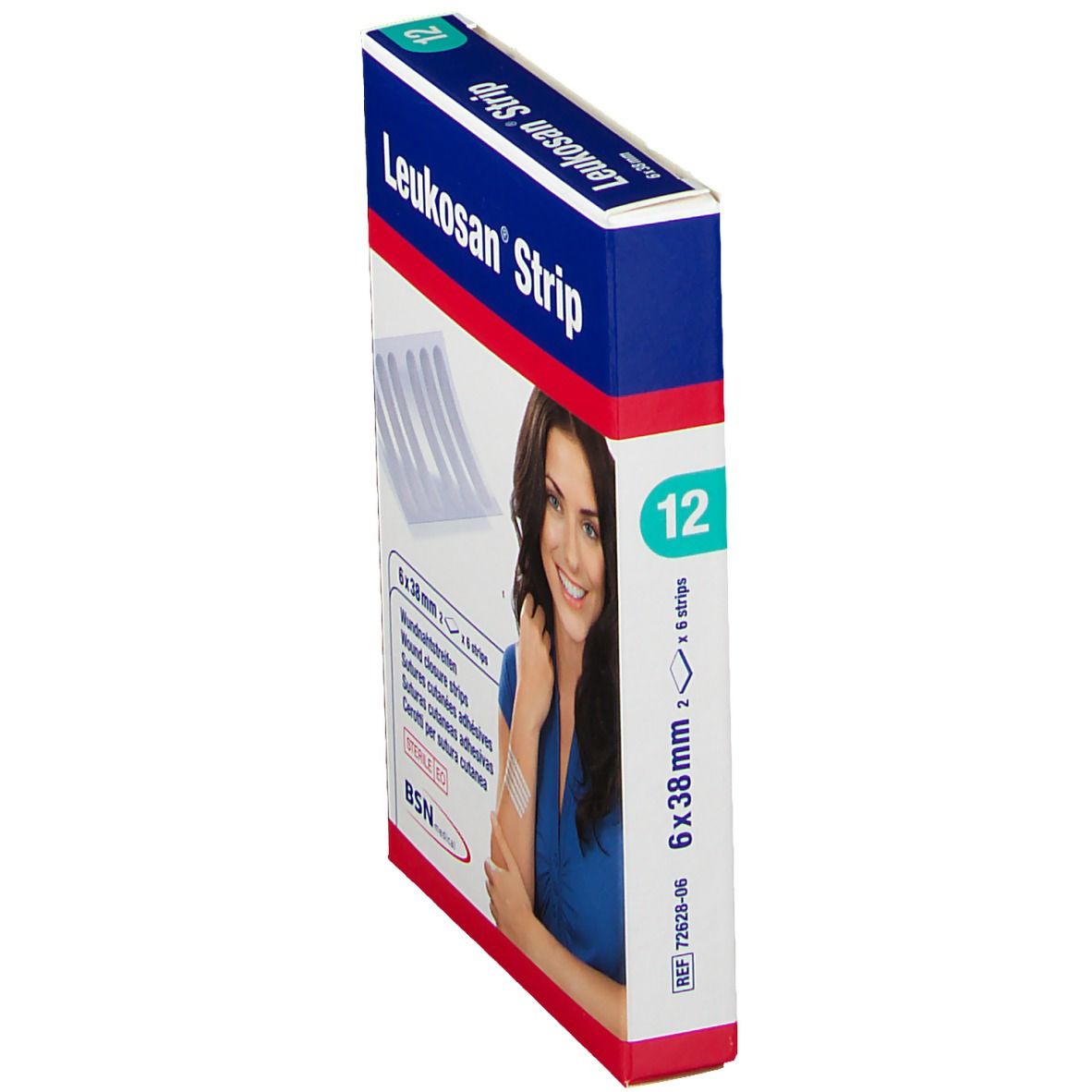 Boîte Leukosan Strip, 12 pièces. 6x38mm. Femme avec pansements sur le bras. BSN medical.