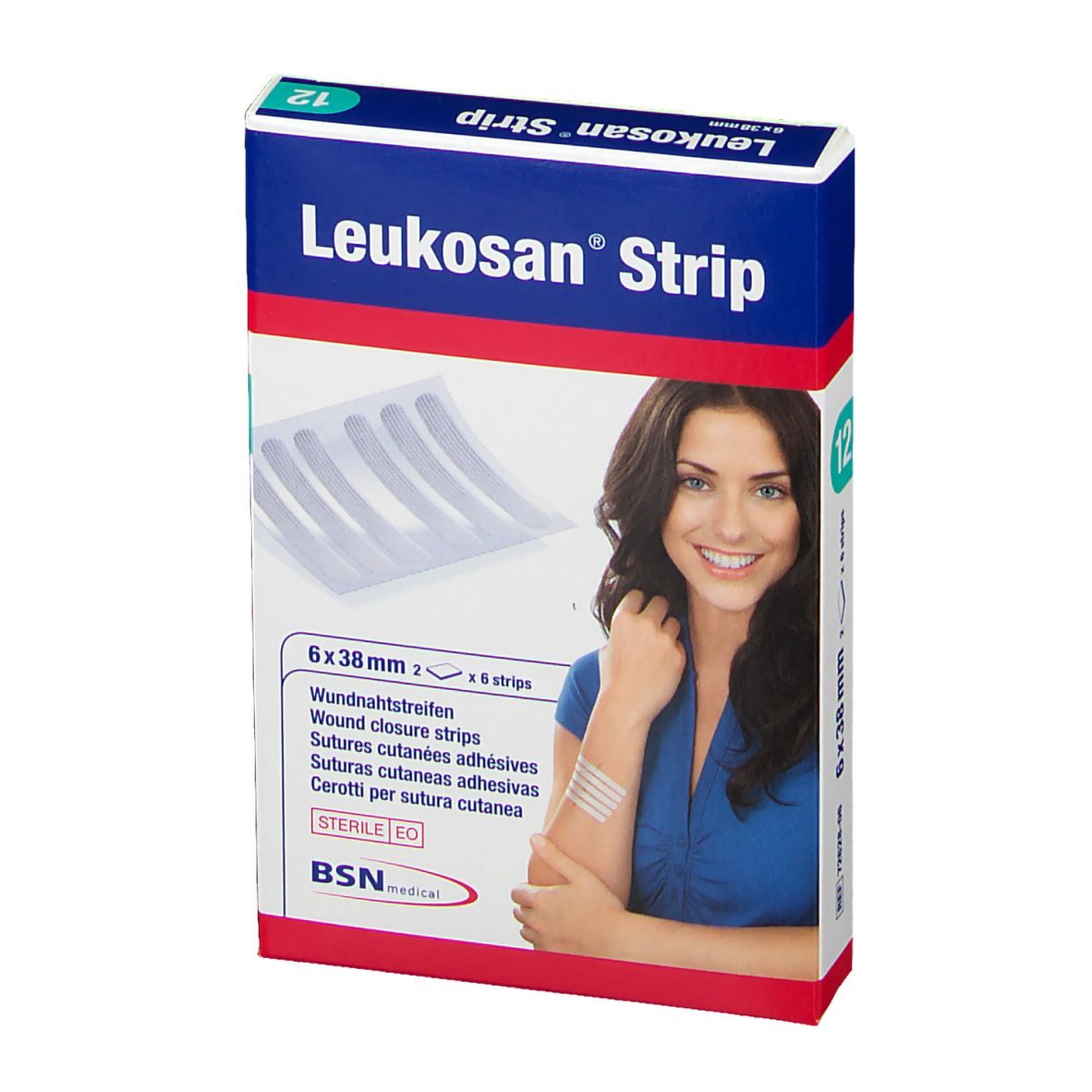 Boîte de Leukosan Strip. Contient 12 bandes, 6x38mm. Femme avec pansements sur le bras. BSN medical.