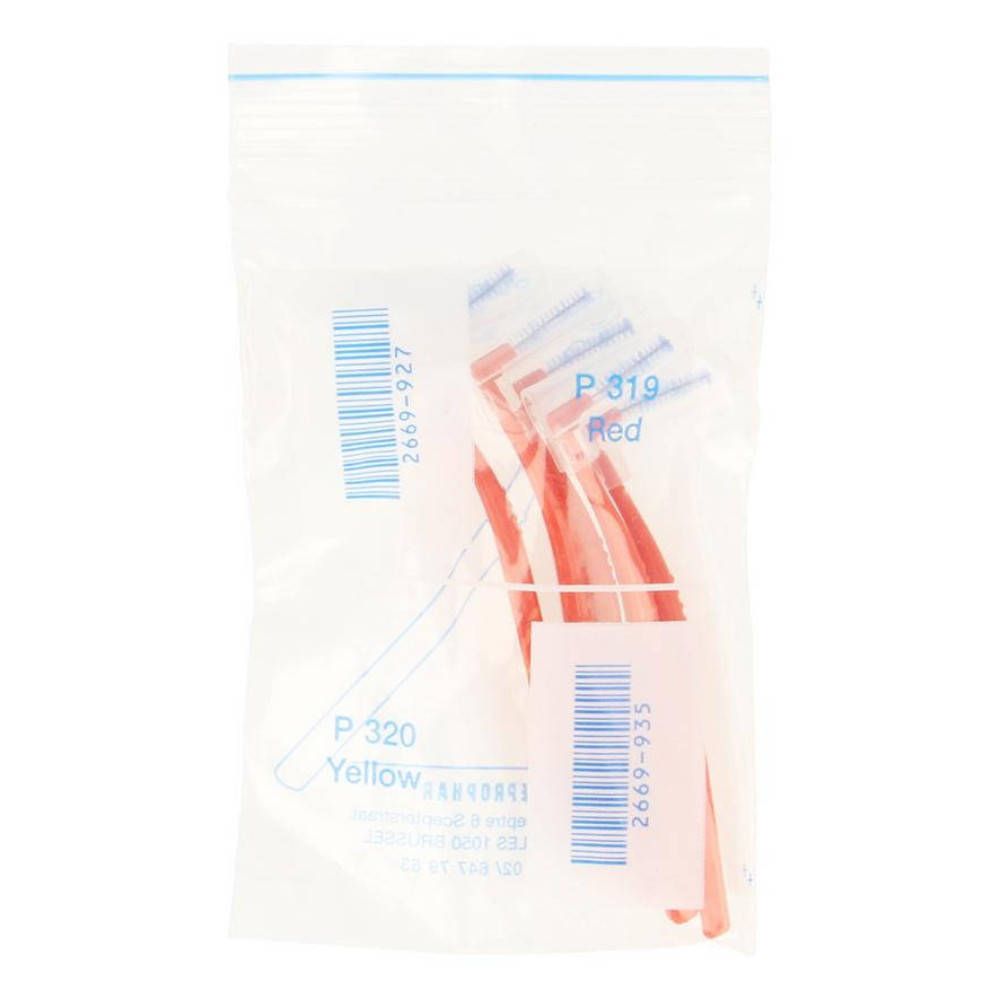 Sachet transparent contenant des brosses rouges et jaunes. Inscriptions: P 319 Red, P 320 Yellow. Codes-barres.
