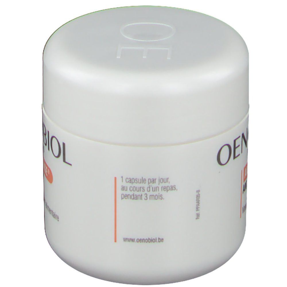 Pot blanc Oenobiol Anti-Âge Q10. Inscription du nom. Texte: 1 capsule par jour, pendant 3 mois.