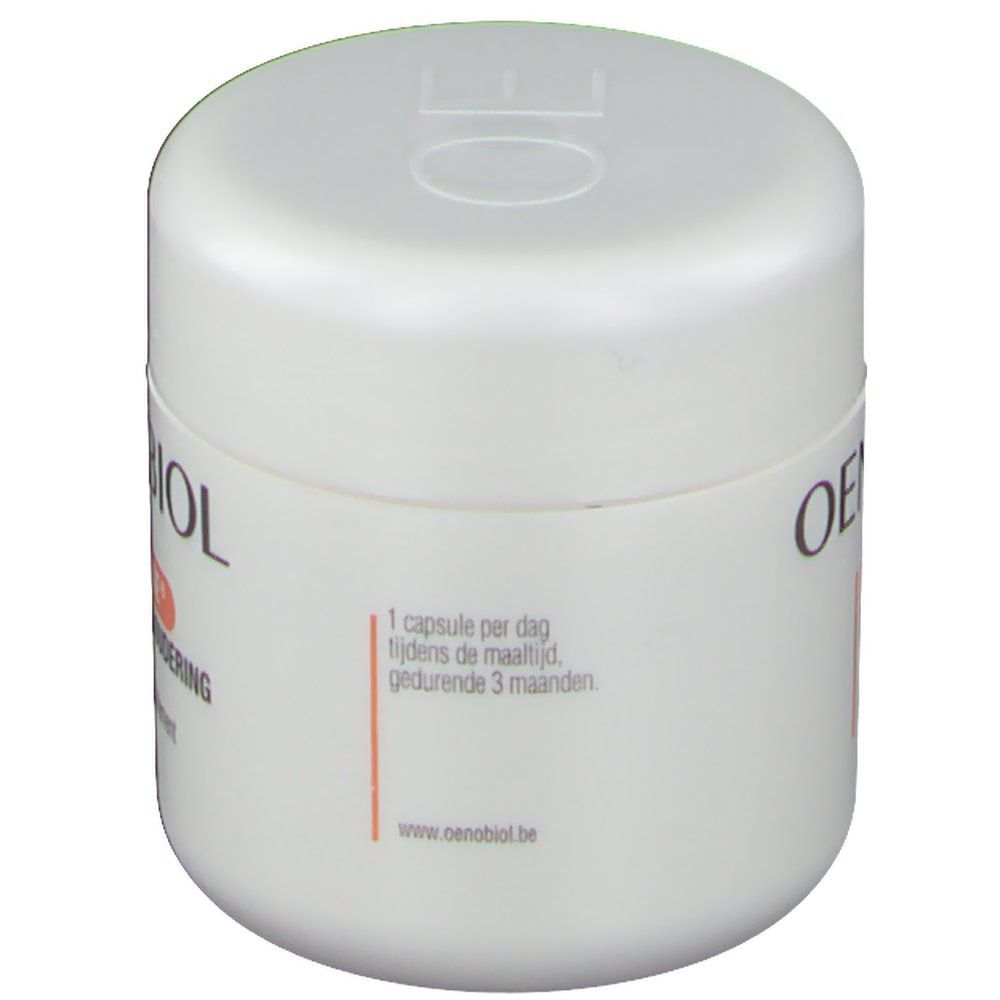 Pot blanc Oenobiol Anti-Âge Q10. Inscription du nom. Texte: 1 capsule par jour, pendant 3 mois.
