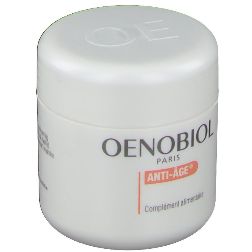 Pot blanc Oenobiol Anti-Âge Q10. Inscription du nom et Anti-Âge. Complément alimentaire.