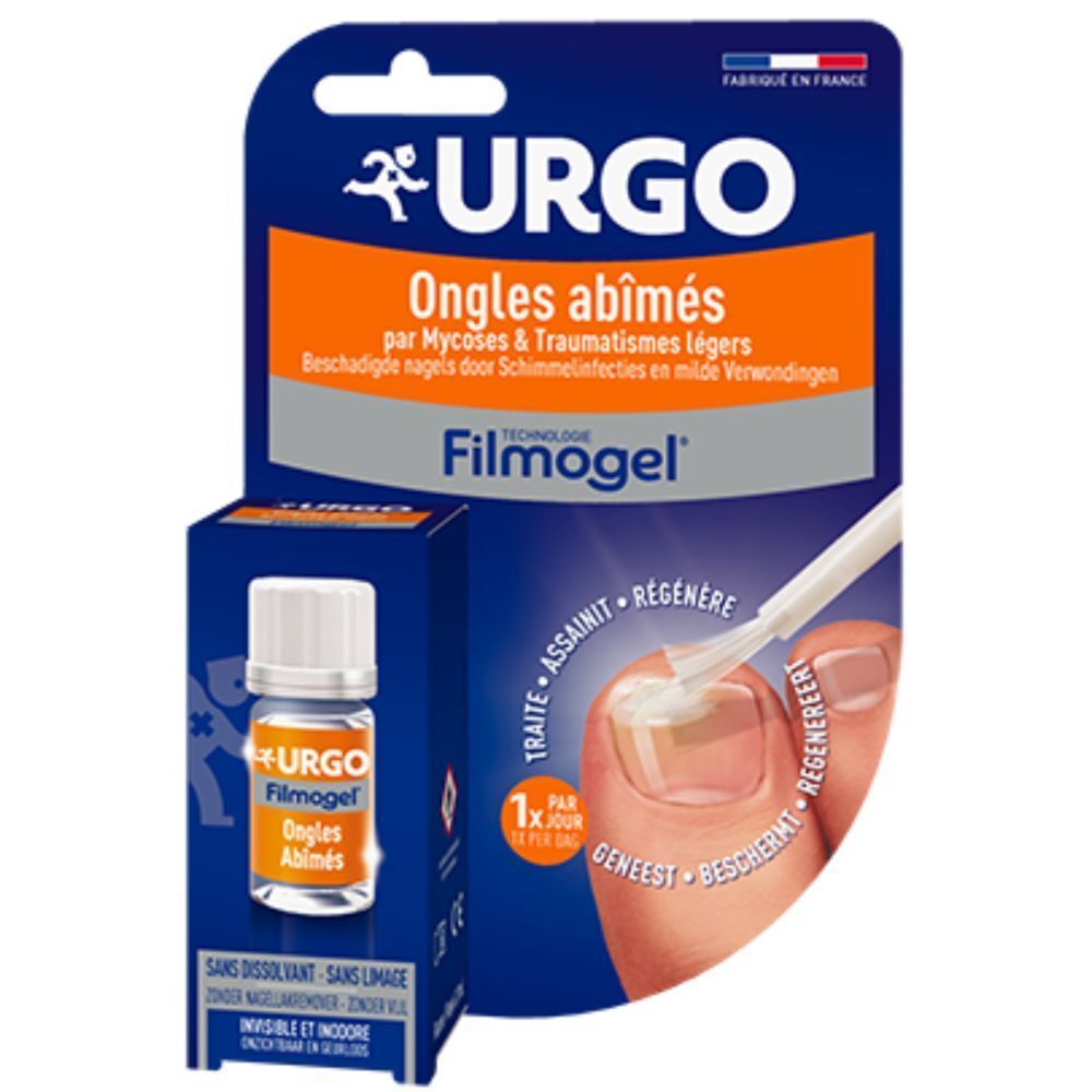 Emballage URGO Ongles Abîmés. Flacon avec applicateur. Illustration de l'application sur un ongle. Inscription Filmogel.