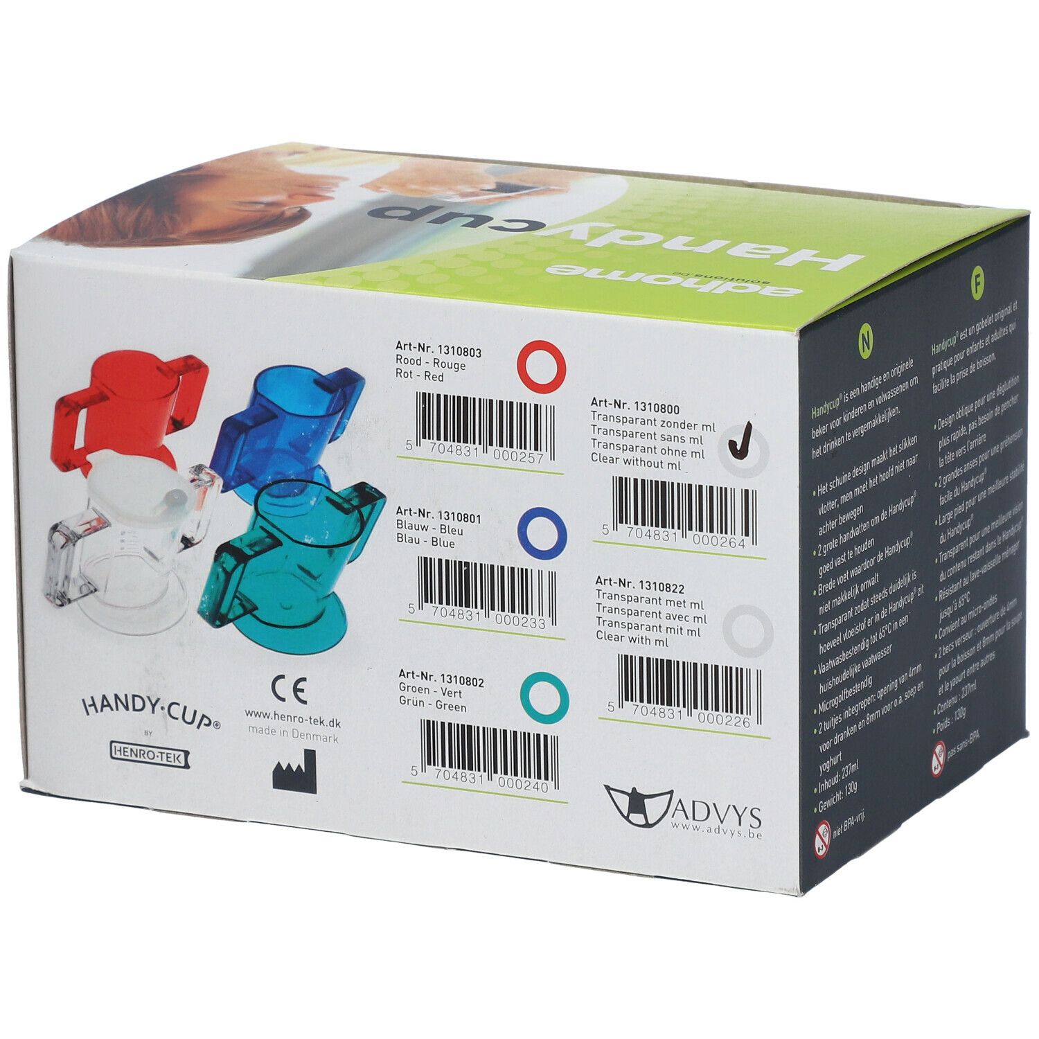 Verpakking van Handycup. Achterkant met productillustraties in rood, blauw en groen. Barcodes en CE-markering.