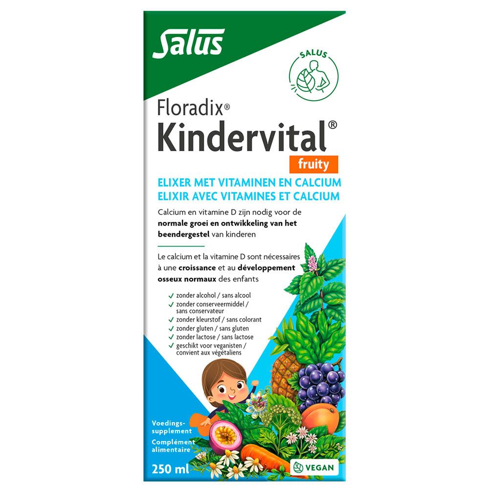 Boîte bleue avec Salus Floradix Kindervital. Inscription: Fruity, Multivitamine, Vegan. Illustration de fruits et enfants.