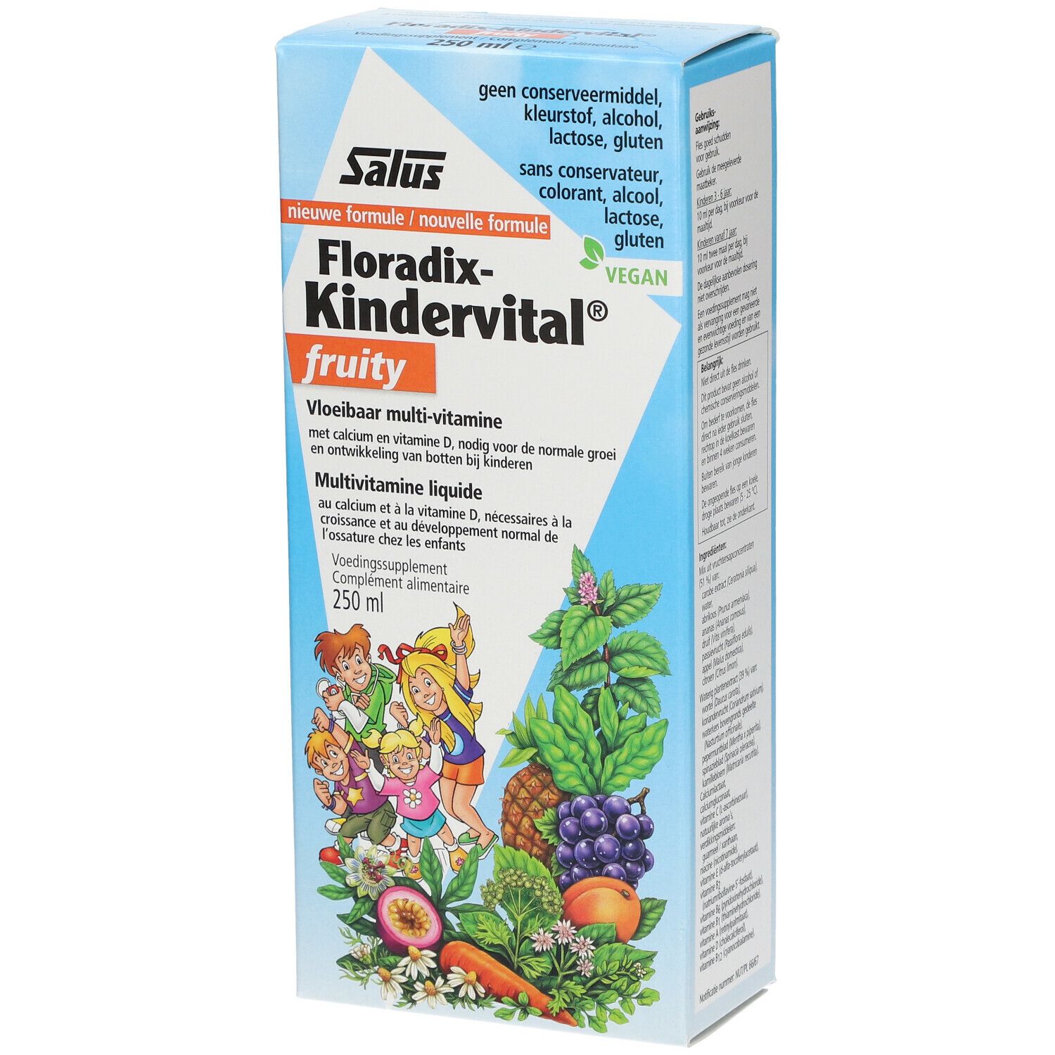 Boîte en carton Salus Floradix Kindervital. Inscription : Fruity, Multivitamine. Avec illustrations d'enfants et de fruits. Vegan.
