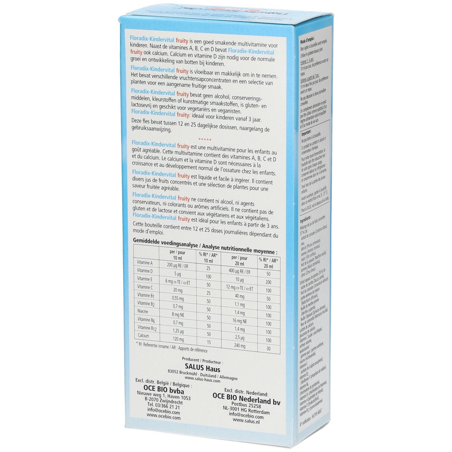 Boîte en carton Salus Floradix Kindervital. Inscription : Fruity, Multivitamine. Avec illustrations d'enfants et de fruits. Vegan.