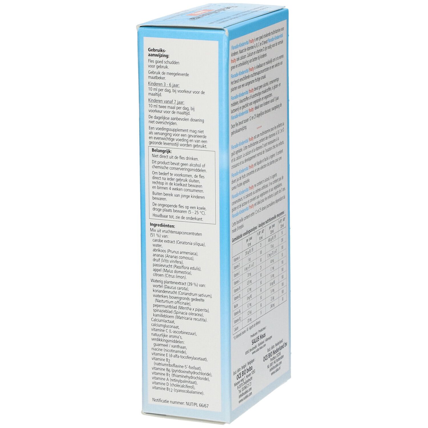 Boîte en carton Salus Floradix Kindervital. Inscription : Fruity, Multivitamine. Avec illustrations d'enfants et de fruits. Vegan.
