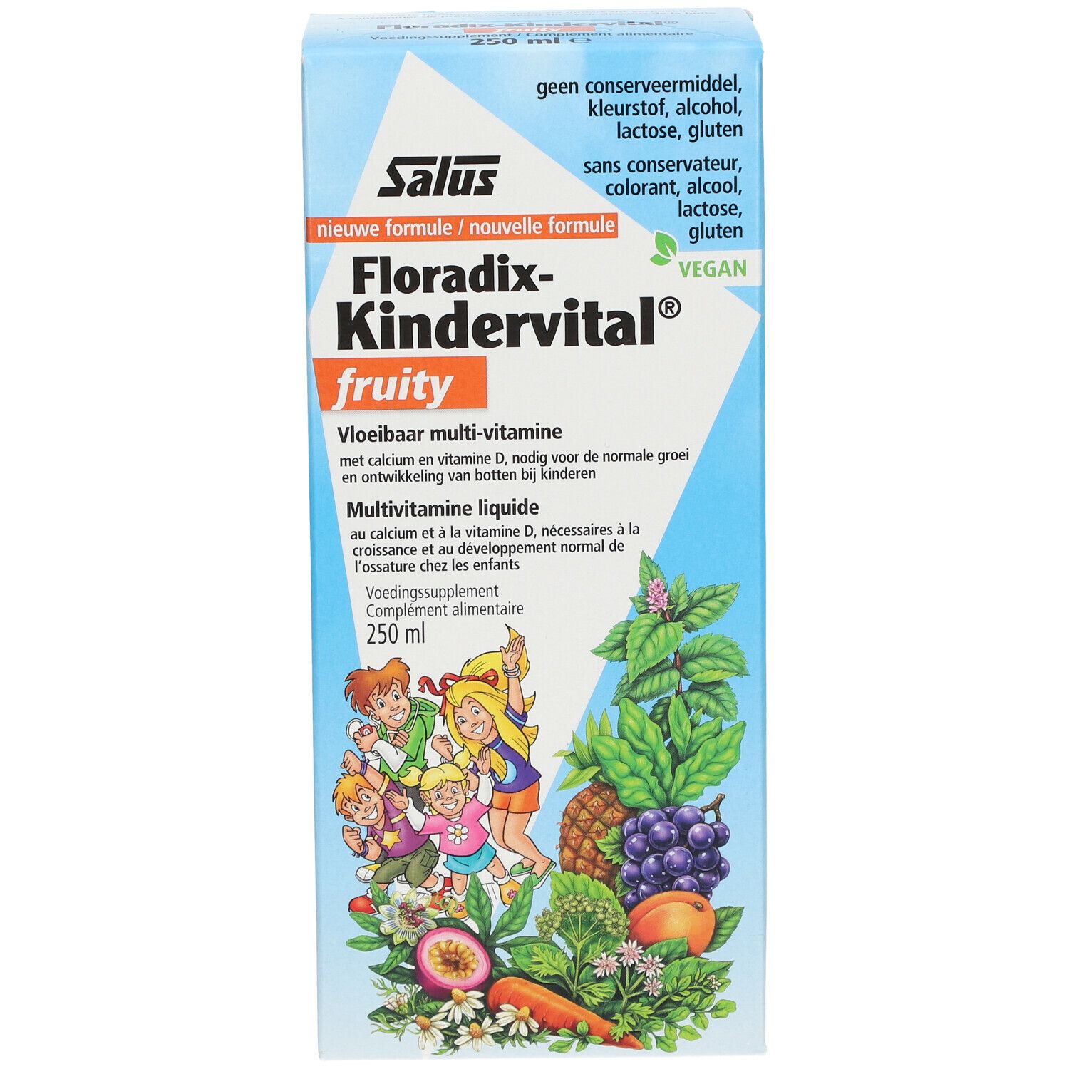 Boîte en carton Salus Floradix Kindervital. Inscription : Fruity, Multivitamine. Avec illustrations d'enfants et de fruits. Vegan.