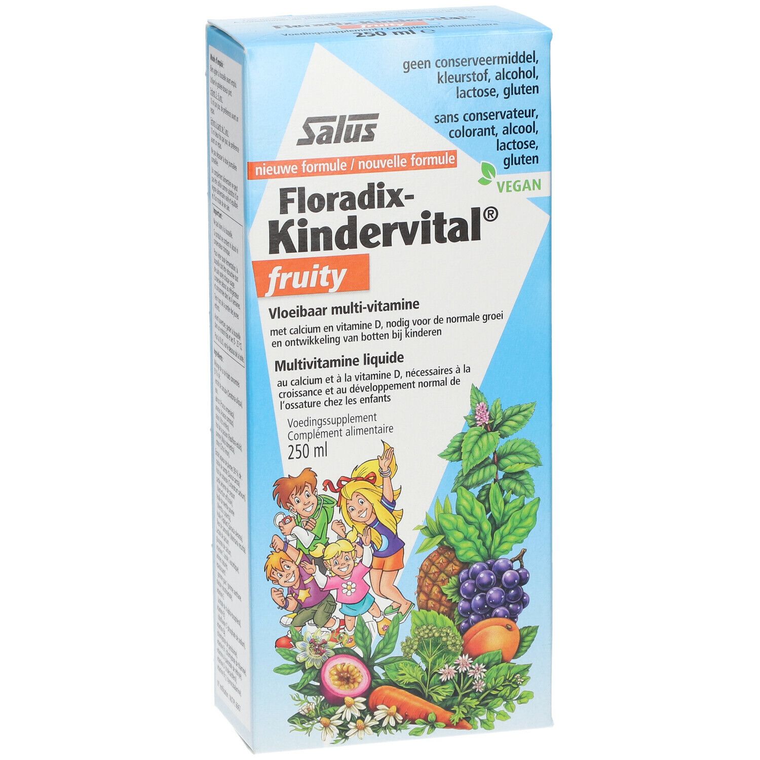 Boîte en carton Salus Floradix Kindervital. Inscription : Fruity, Multivitamine. Avec illustrations d'enfants et de fruits. Vegan.