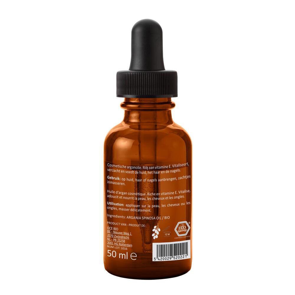Achterkant van een bruine glazen fles met pipet. Meertalige tekst. Met Eco-certificering.