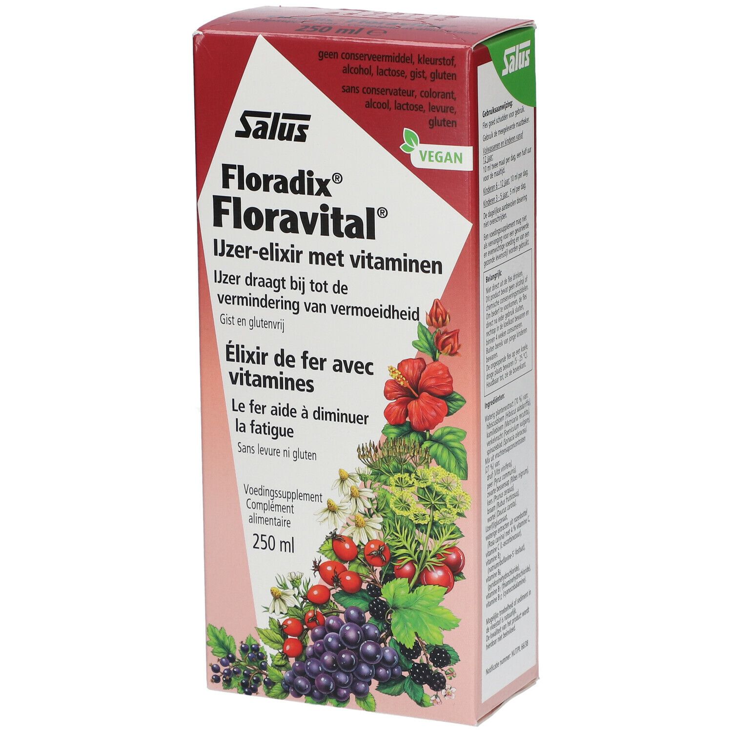 Verpakking van Floradix Floravital. Rode en witte doos met productnaam en bloemenillustraties. 250 ml.