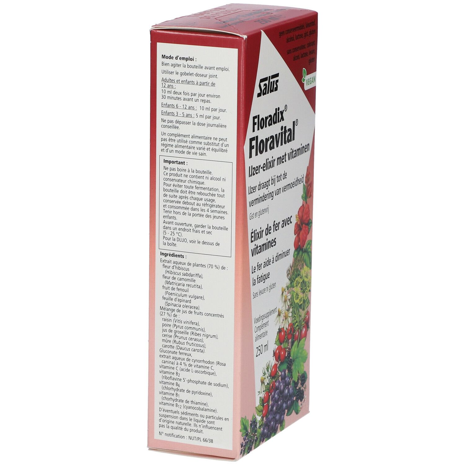 Zijaanzicht van de Floradix Floravital verpakking. Rode doos met productnaam en tekst. Vegan logo.