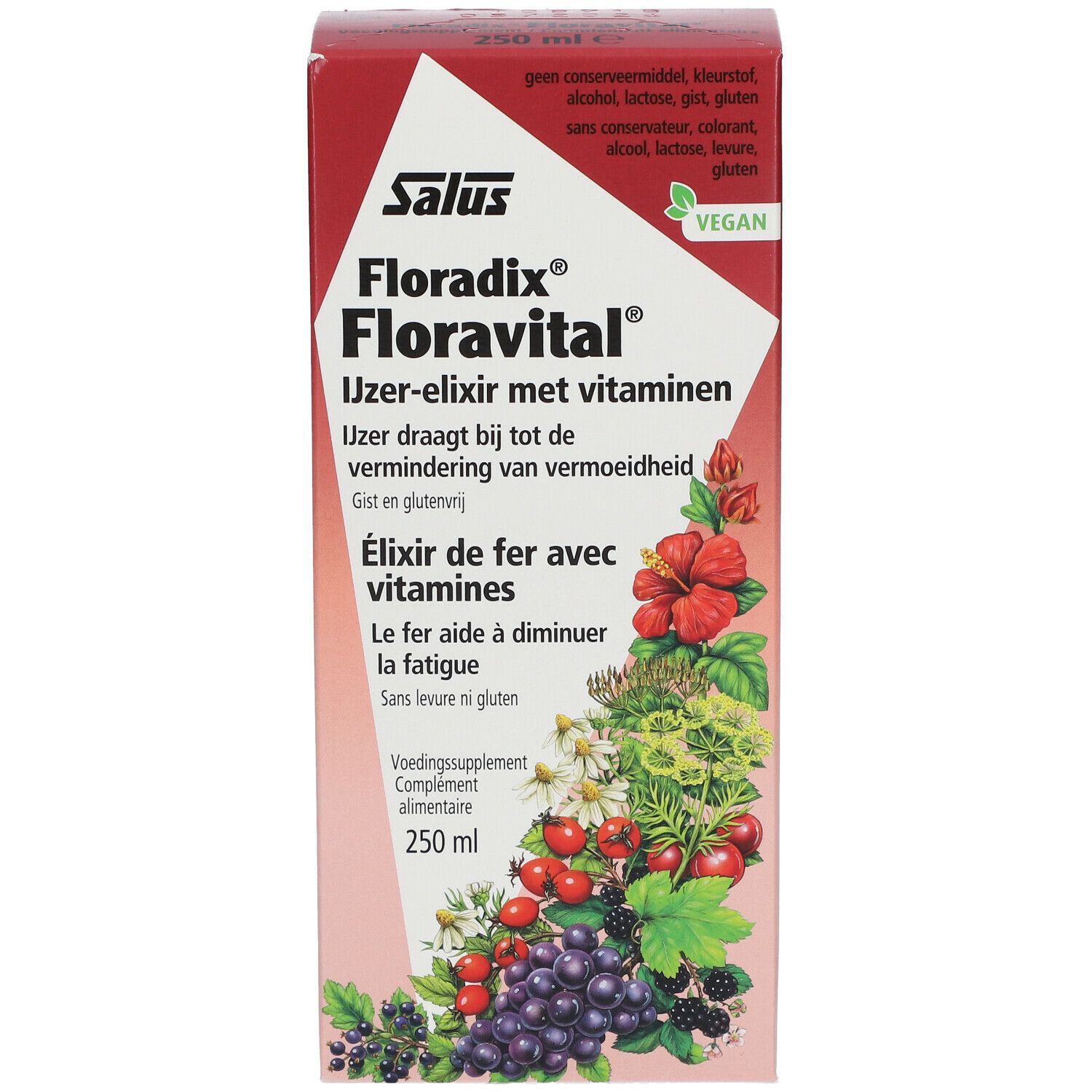 Floradix Floravital verpakking. Rode en witte doos met productnaam en bloemenillustraties. 250 ml.