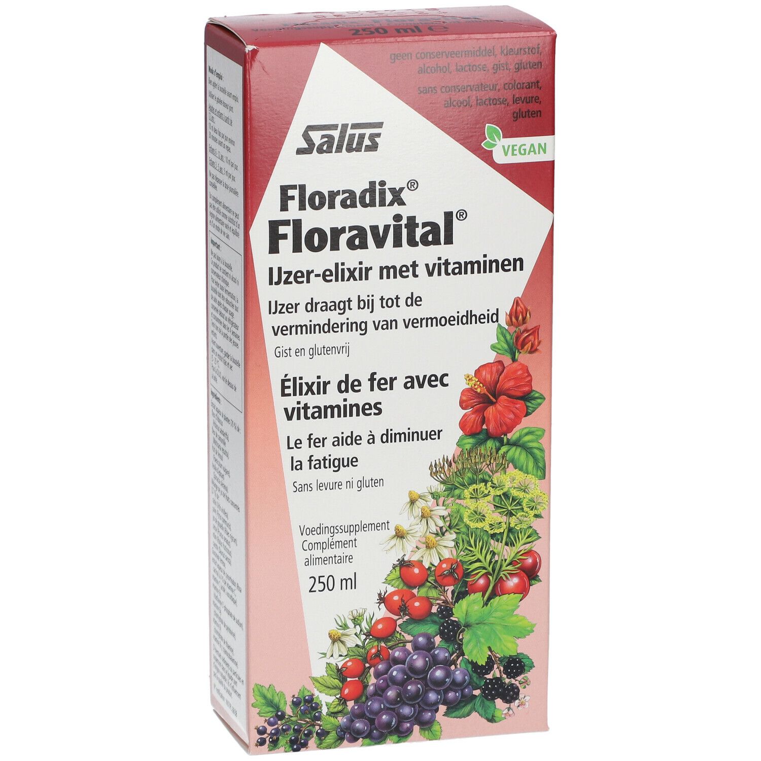 Floradix Floravital verpakking. Rode en witte doos met productnaam en bloemenillustraties. 250 ml.