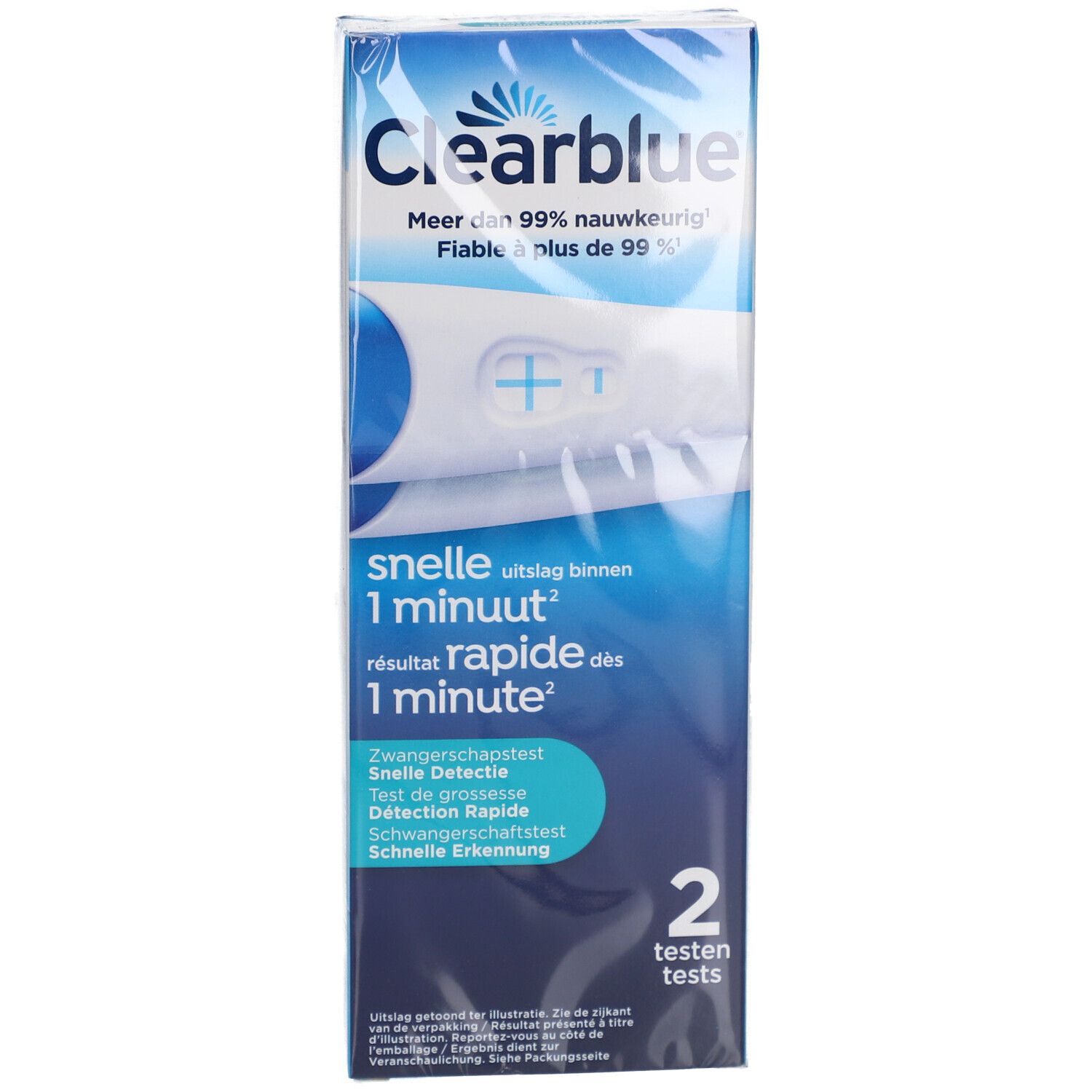 Verpakking van Clearblue+ plus 2 zwangerschapstests. Twee tests zichtbaar. Blauwe verpakking met informatie.