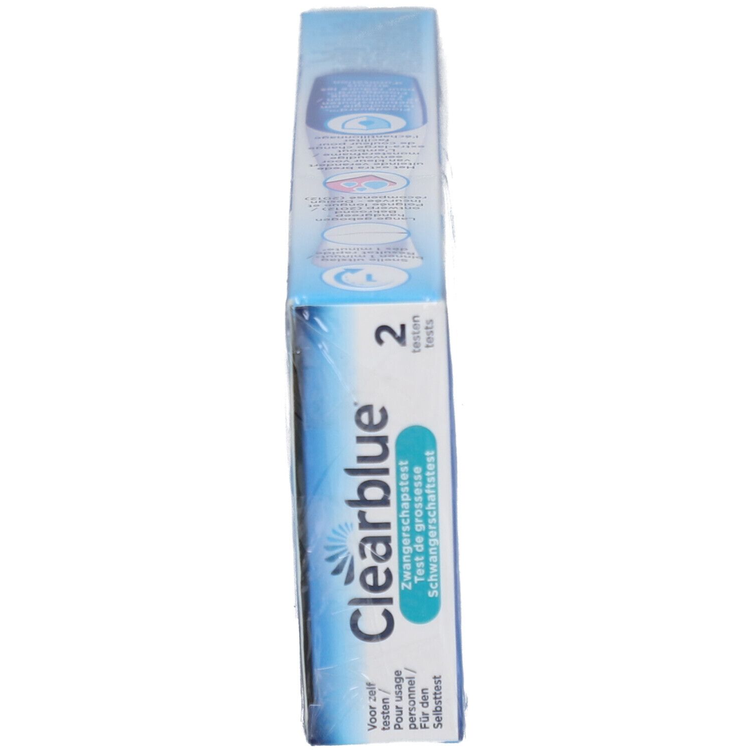Verpakking van Clearblue+ plus 2 zwangerschapstests. Blauwe doos met productinformatie en logo's.