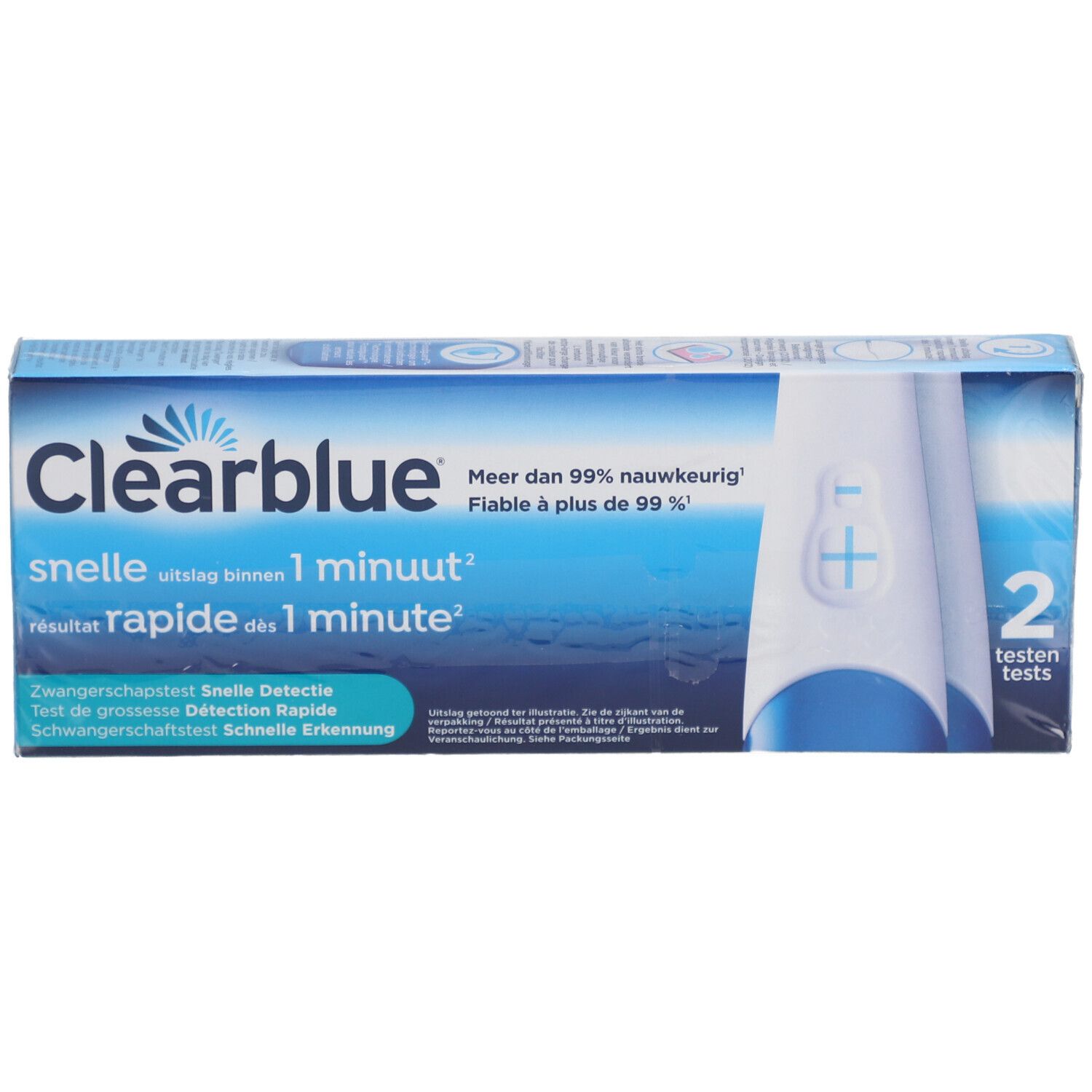 Verpakking van Clearblue+ plus 2 zwangerschapstests. Twee tests zichtbaar. Blauwe verpakking met informatie.
