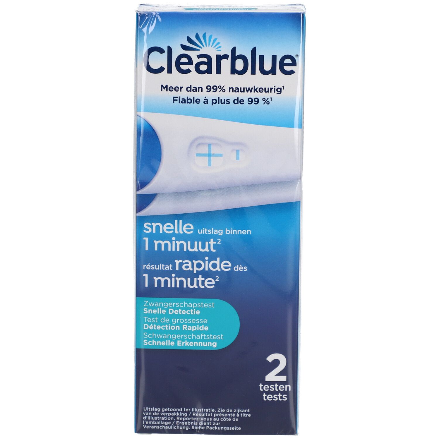 Verpakking van Clearblue+ plus 2 zwangerschapstests. Twee tests zichtbaar. Blauwe verpakking met informatie.