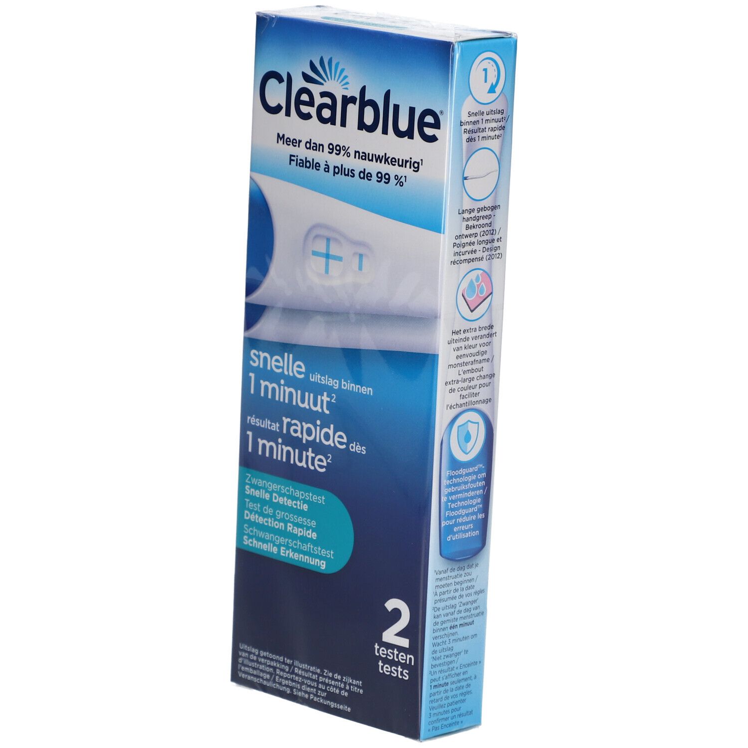 Verpakking van Clearblue+ plus 2 zwangerschapstests. Twee tests zichtbaar. Blauwe verpakking met informatie.