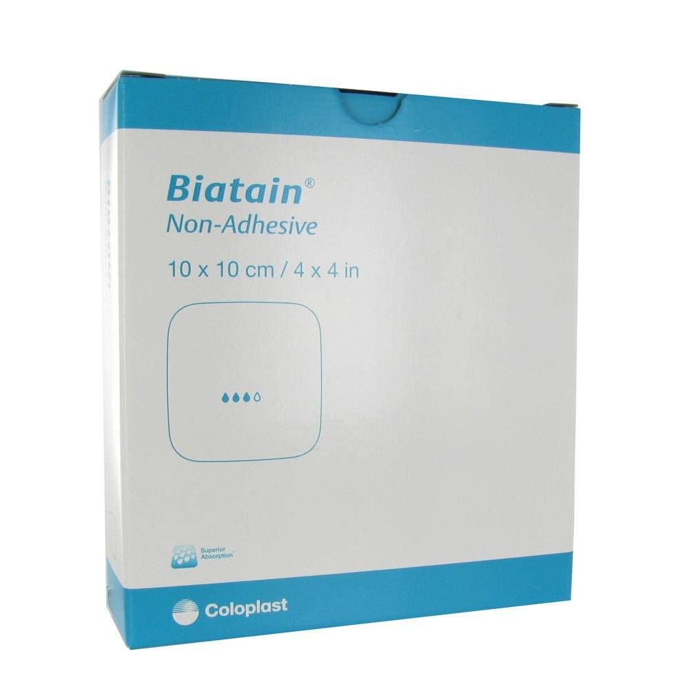 Boîte Biatain Non-Adhesive, 10 x 10 cm. Emballage blanc et bleu avec nom du produit et dimensions.