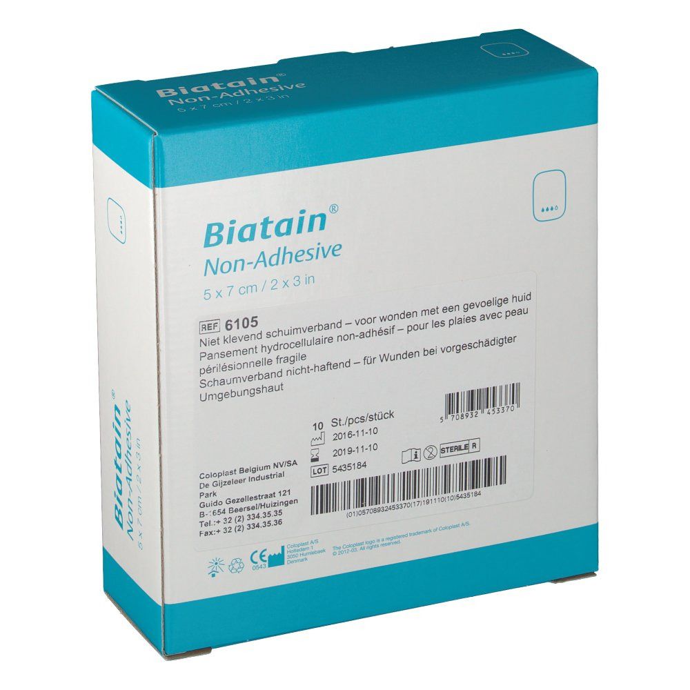 Rückseite der Biatain Non-Adhesive Verpackung. Produktname, Größenangabe, Text und Barcode.