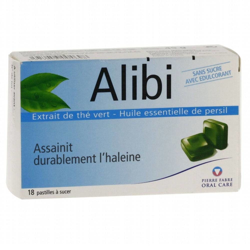 Boîte de pastilles "Alibi". Inscription : "Extrait de thé vert - Huile essentielle de persil". Contient 18 pastilles.