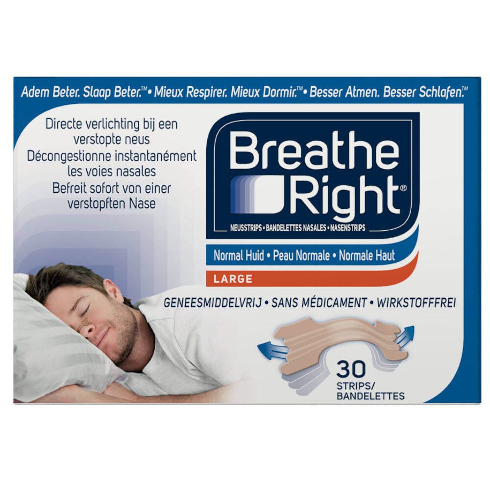 Verpakking Breathe Right Nasenstrips Gr. L. Bevat 30 strips. Afbeelding van slapende man. Tekst: Normale huid.