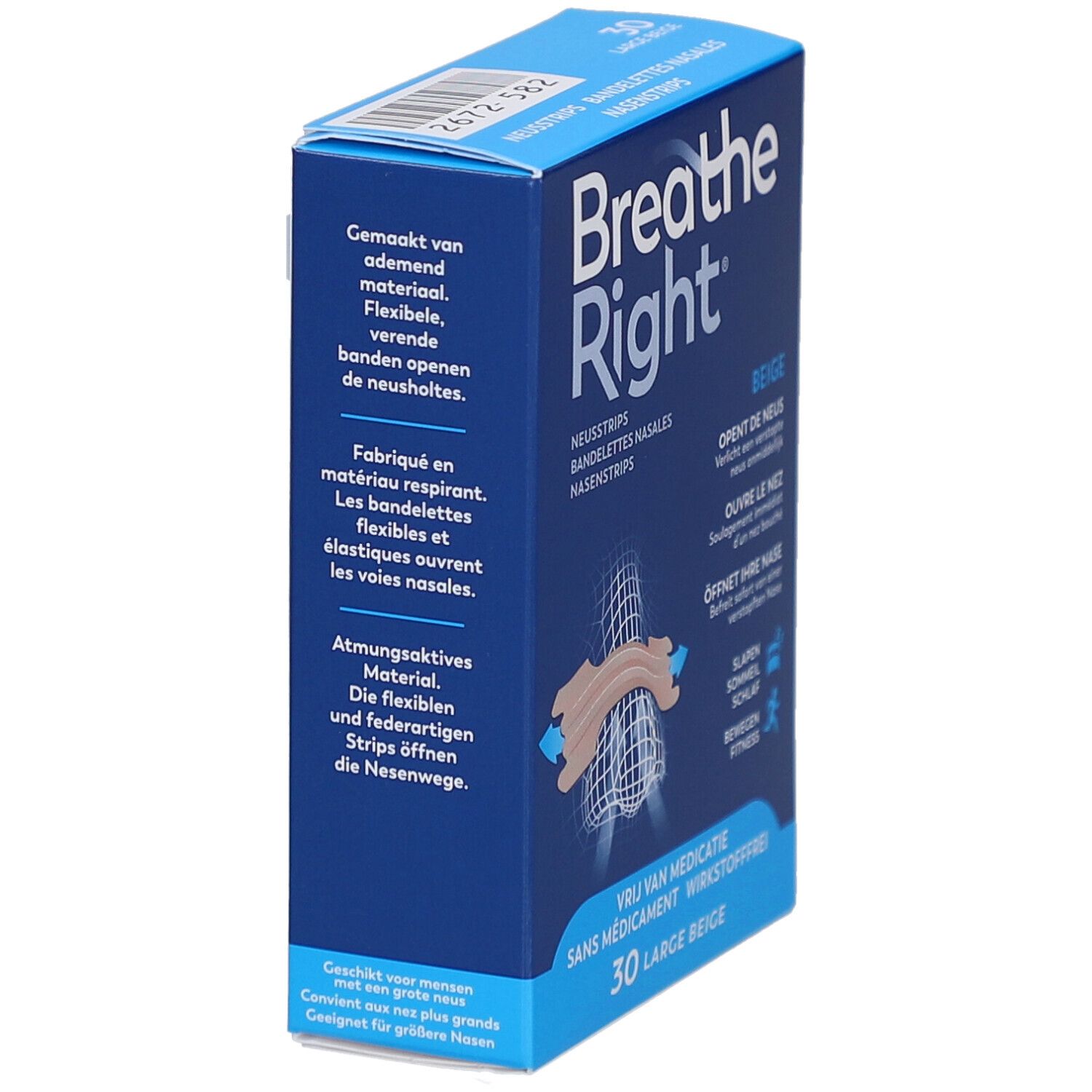 Blaue Schachtel mit Breathe Right Nasenstrips. Text in Deutsch, Französisch, Niederländisch. Beige Nasenstrips.