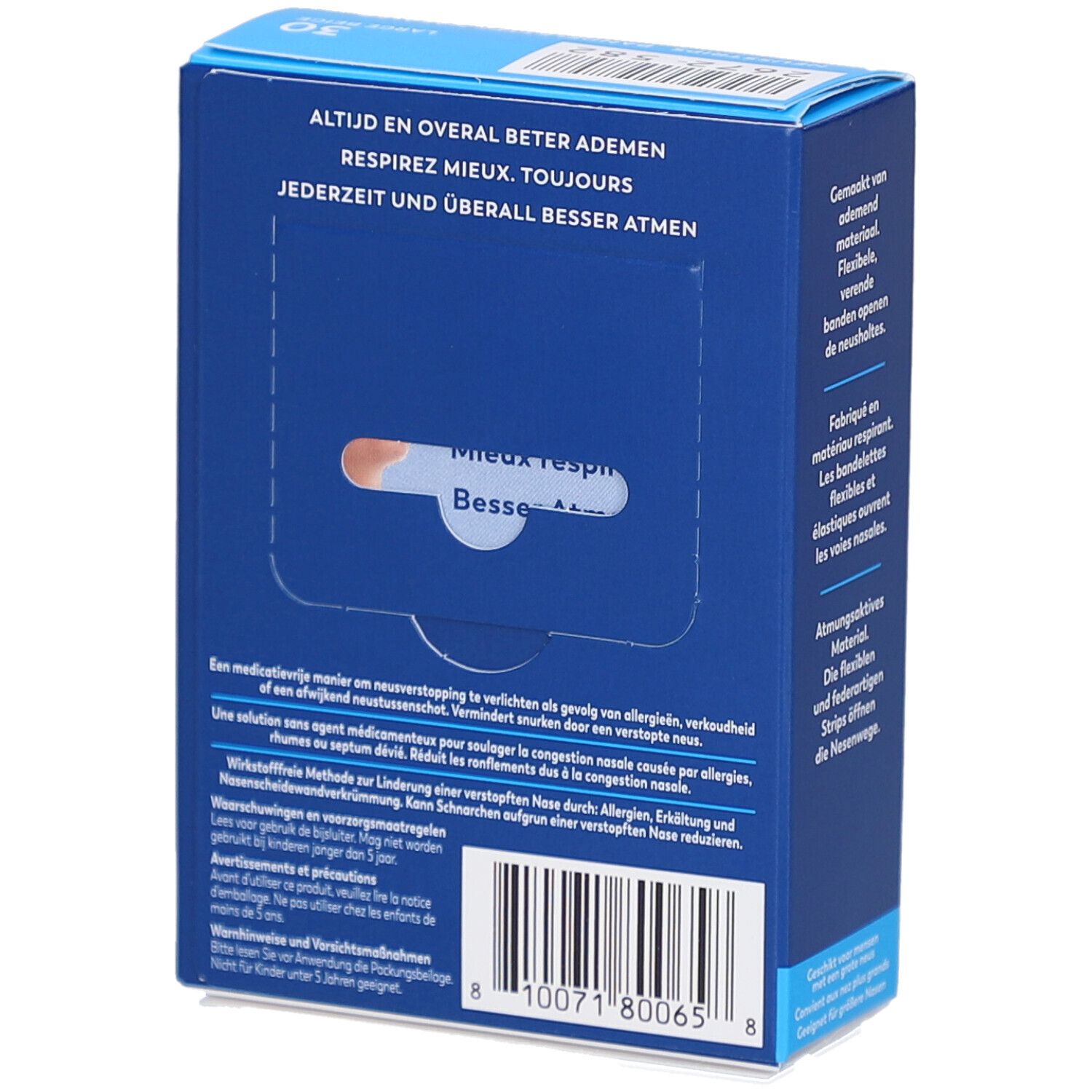 Rückseite der blauen Schachtel mit Breathe Right Nasenstrips. Text in Deutsch, Französisch, Niederländisch. Barcode.