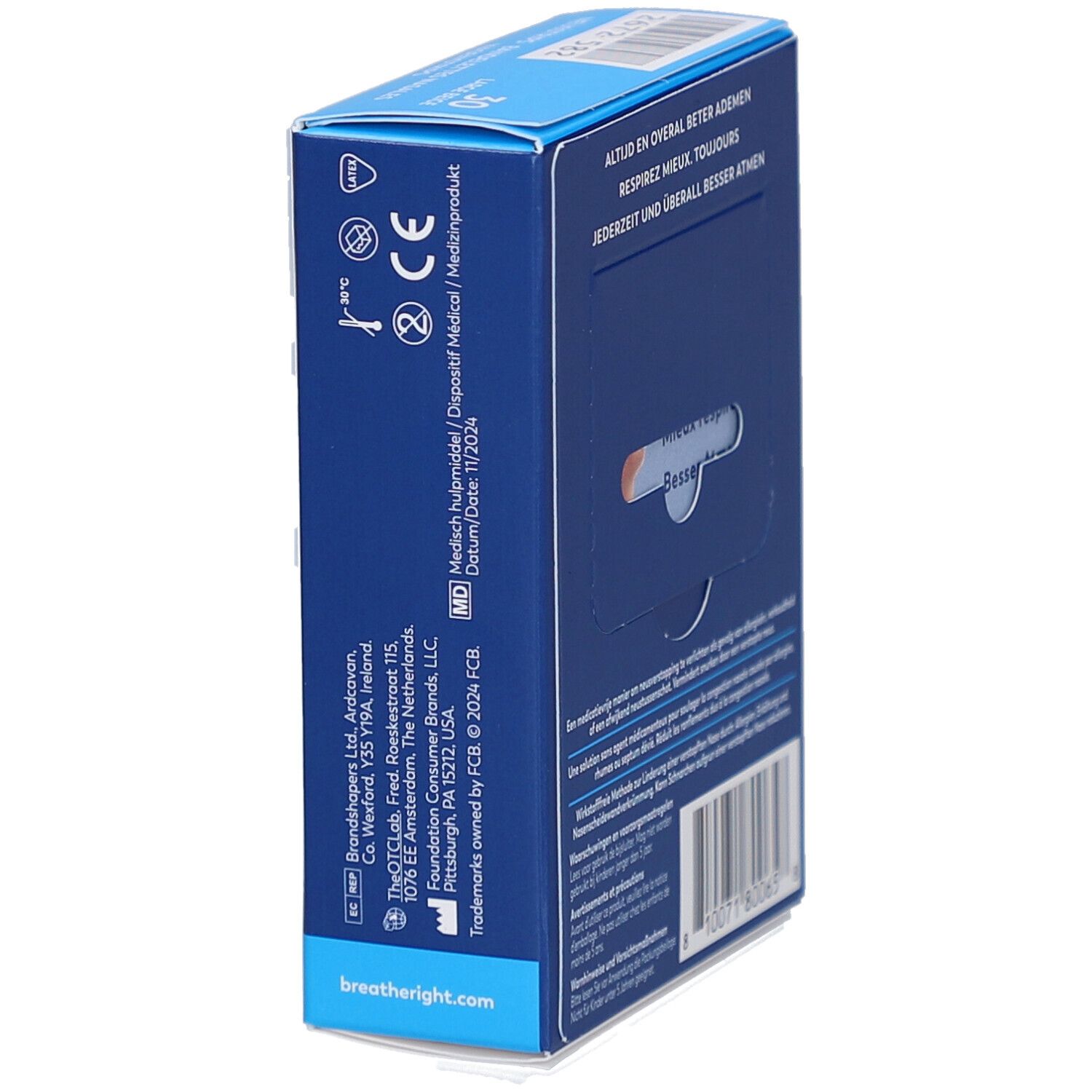 Blaue Schachtel mit Breathe Right Nasenstrips. Text in Deutsch, Französisch, Niederländisch. CE-Kennzeichnung.