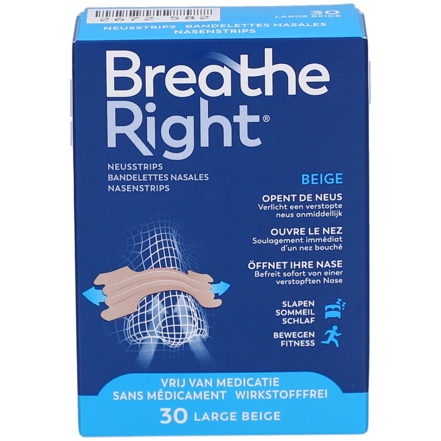 Blaue Schachtel mit Breathe Right Nasenstrips. Beige Nasenstrips. 30 Stück. Text in Deutsch, Französisch, Niederländisch.
