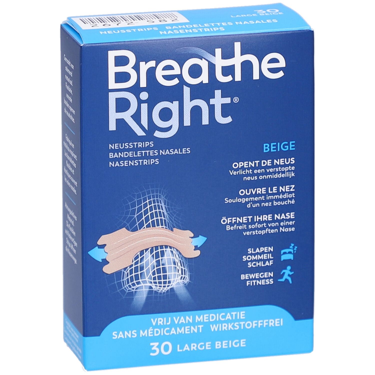 Blaue Schachtel mit Breathe Right Nasenstrips. Beige Nasenstrips. 30 Stück. Text in Deutsch, Französisch, Niederländisch.