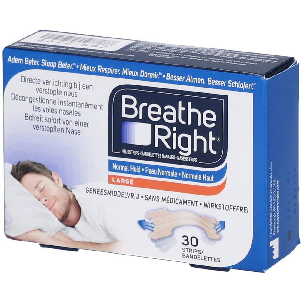 Verpakking Breathe Right Nasenstrips Gr. L. Blauwe doos met productafbeelding en tekst. Bevat 30 strips.