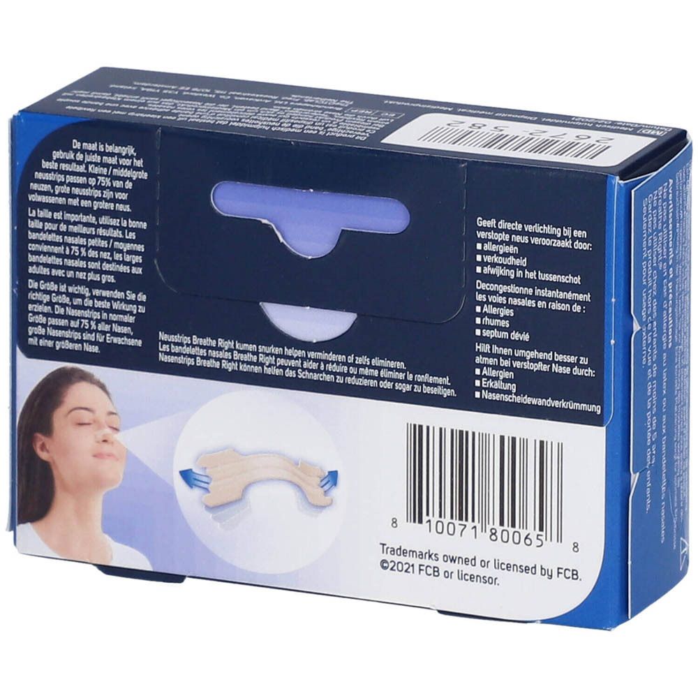 Achterkant van de Breathe Right Nasenstrips Gr. L verpakking. Tekst en illustraties. Barcode en merkinformatie.