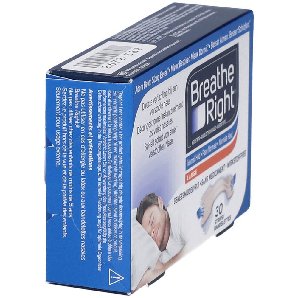 Breathe Right Nasenstrips Gr. L verpakking. Blauwe doos, schuine weergave. Productafbeelding en tekst.