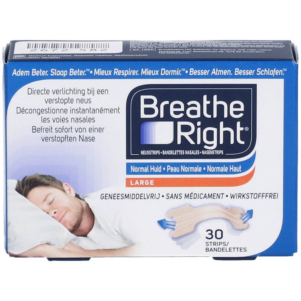 Verpakking Breathe Right Nasenstrips Gr. L. Blauwe doos met productafbeelding en tekst. Bevat 30 strips.