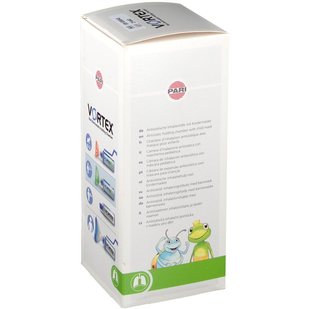 Emballage de Vortex® Kindermaske 0-2 Jahre Orange. Inscriptions: PARI, Vortex, Non electrostatic holding chamber. Texte en allemand, français, italien, néerlandais.