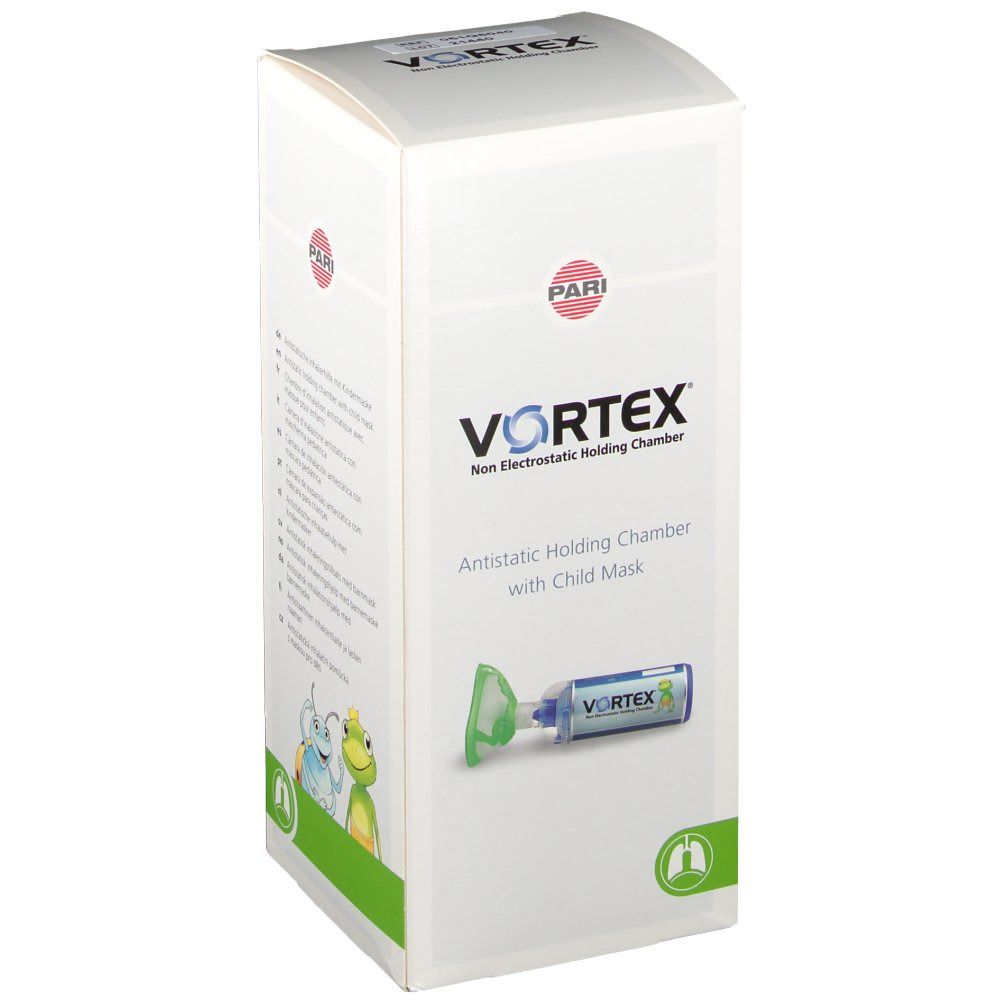 Emballage de Vortex® Kindermaske 0-2 Jahre Orange. Inscriptions: PARI, Vortex, Non electrostatic holding chamber. Illustration du masque avec embout buccal vert.