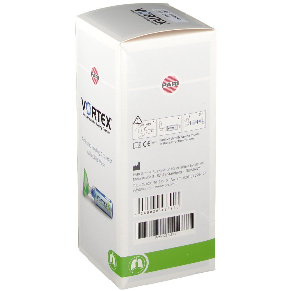 Emballage de Vortex® Kindermaske 0-2 Jahre Orange. Inscriptions: PARI, Vortex, Non electrostatic holding chamber. Code-barres et coordonnées du fabricant.