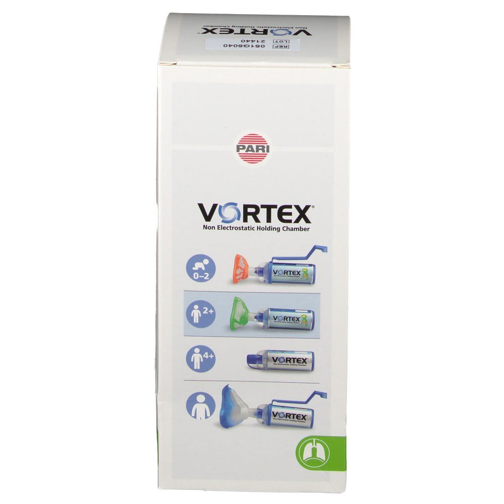 Emballage de Vortex® Kindermaske 0-2 Jahre Orange. Inscriptions: PARI, Vortex, Non electrostatic holding chamber. Illustrations du masque et indications d'âge.