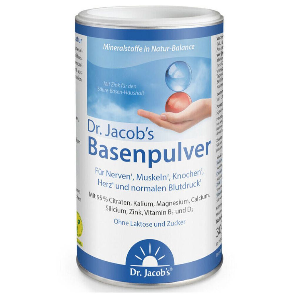 Boîte cylindrique "Dr. Jacob's Basenpulver". Couleurs bleu et blanc. Contient minéraux, zinc, vitamine B1 et D3.