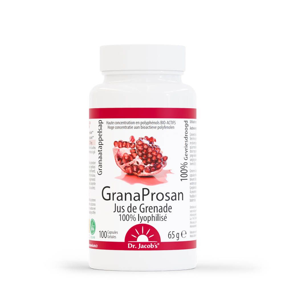 Witte fles met capsules. Opschrift: GranaProsan, Jus de Grenade, 100% lyophilisé. Illustratie van een halve granaatappel.