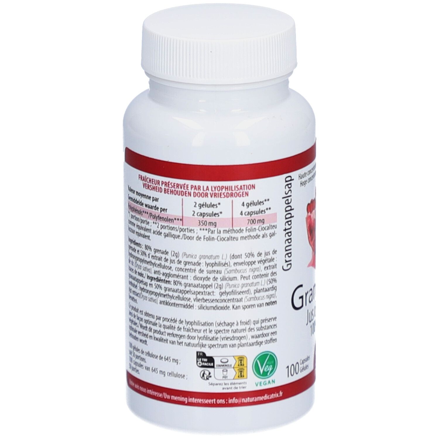 Dos d'un flacon blanc de gélules. Informations textuelles, dont ingrédients et valeurs nutritionnelles. Label Vegan.