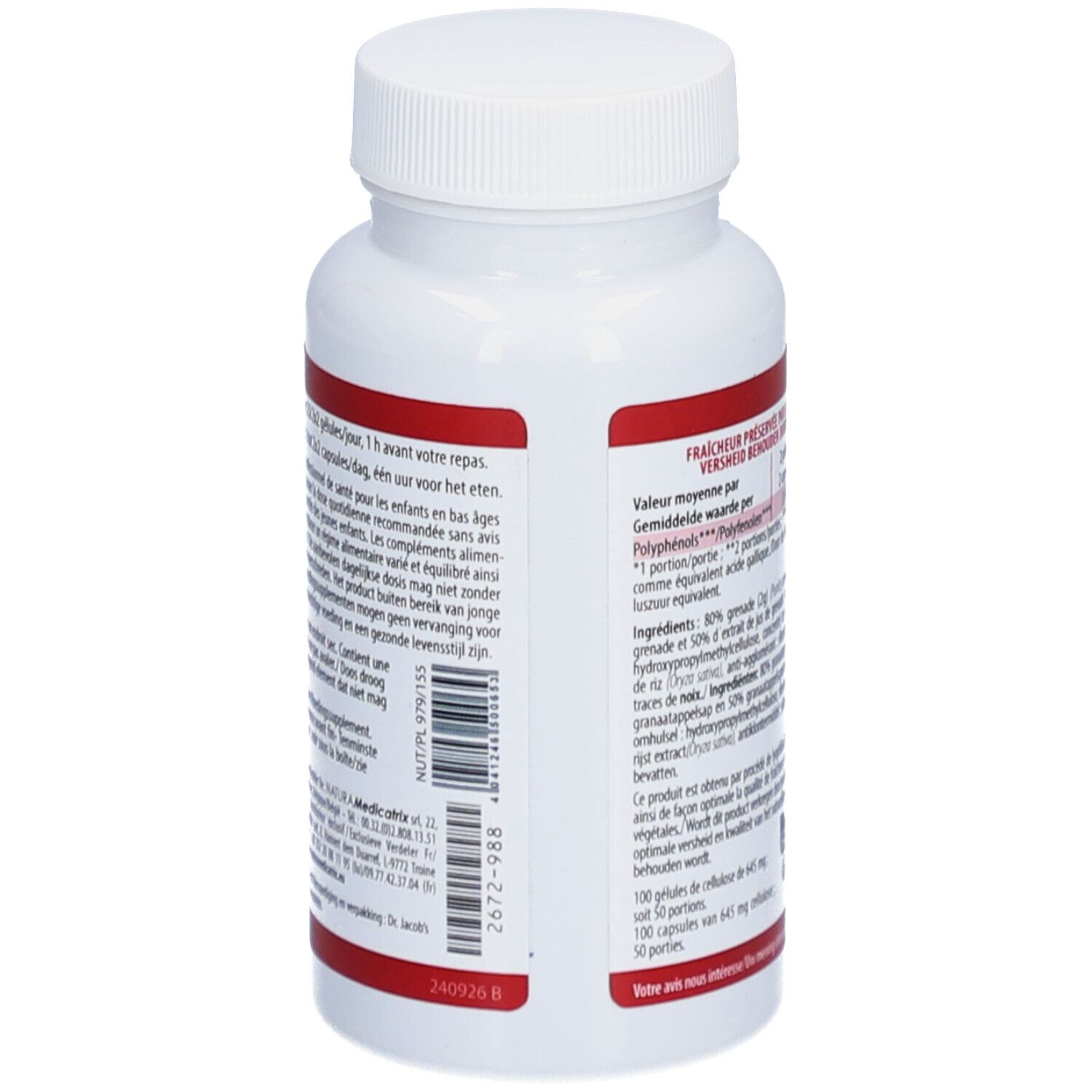 Dos d'un flacon blanc de gélules. Informations textuelles, dont ingrédients et valeurs nutritionnelles. Label Vegan.